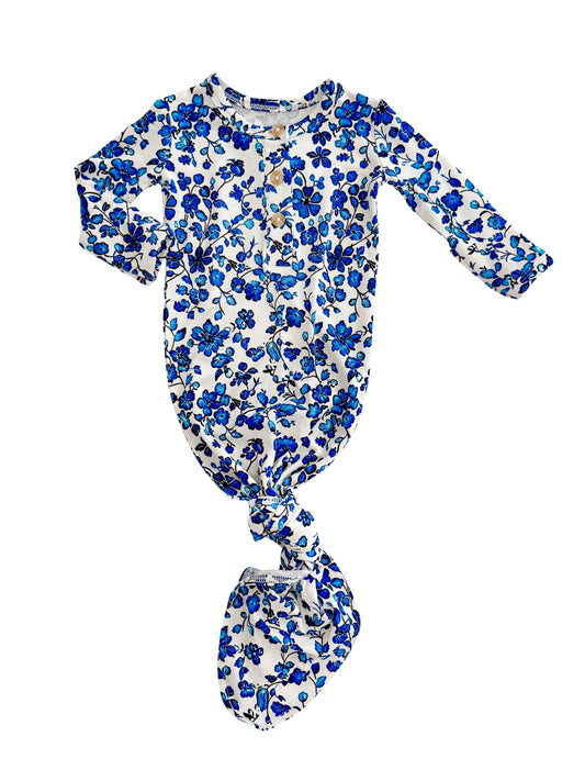 Blue floral bamboo knot gown for newborn baby girl