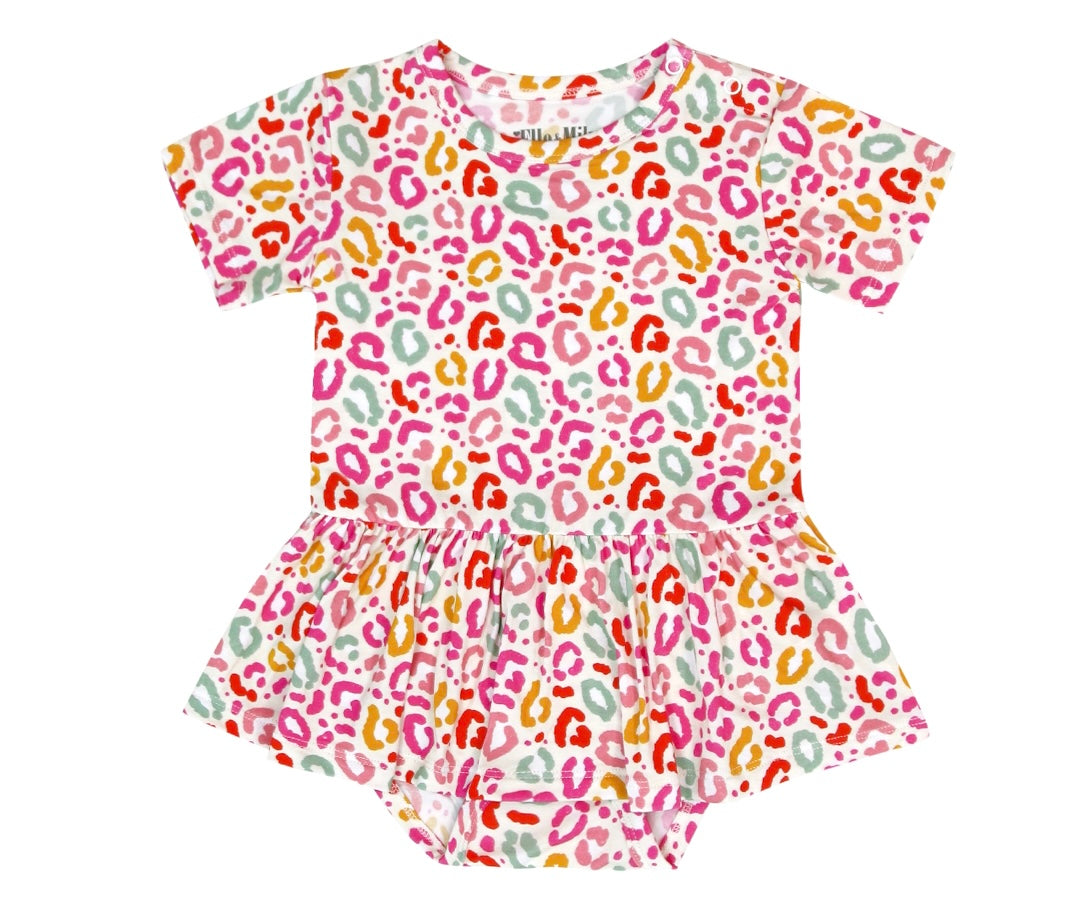 Cora pink cheetah bamboo skirted bodysuit baby dress.