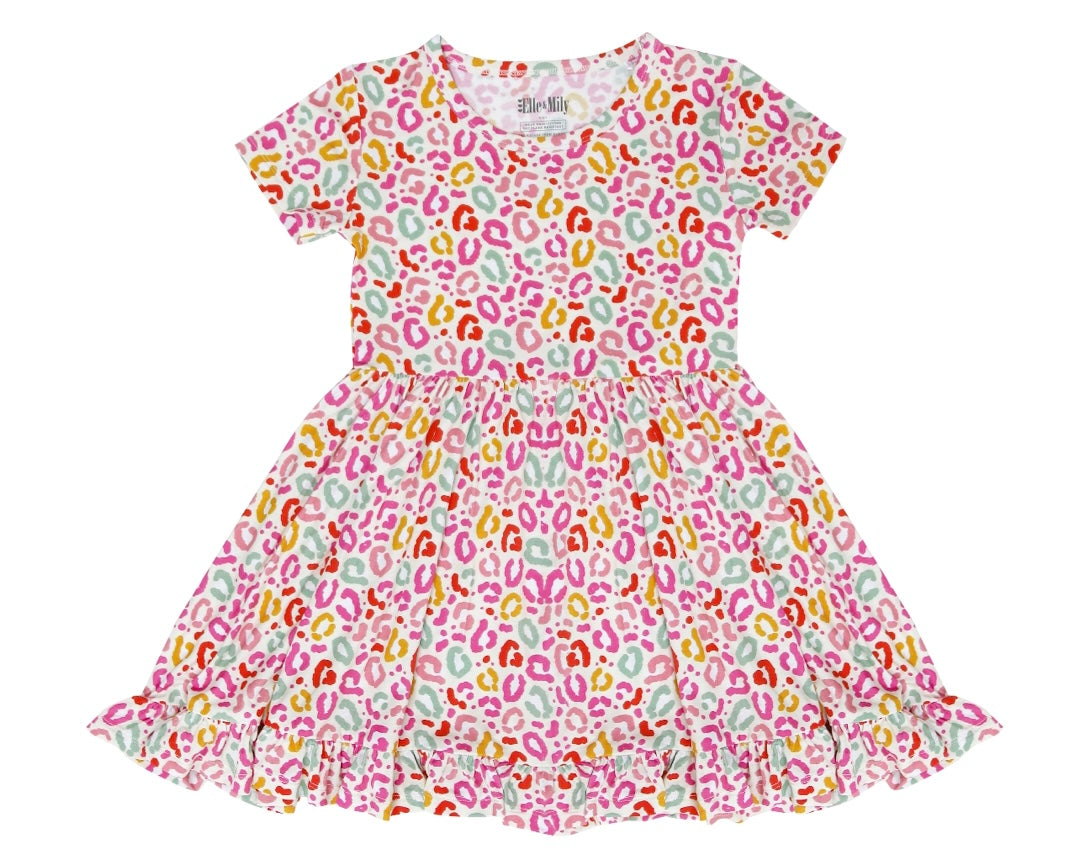 Pink cheetah print toddler and kids bamboo twirl dress. Made from the softest bamboo viscose.