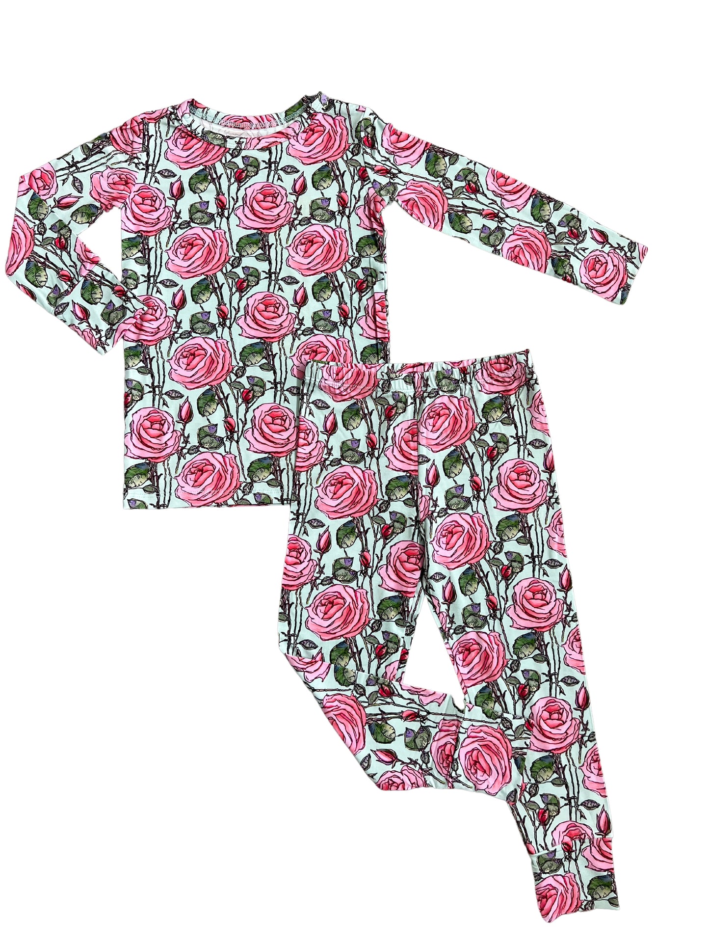 Pink rose bamboo pajama set for toddler and kids.
