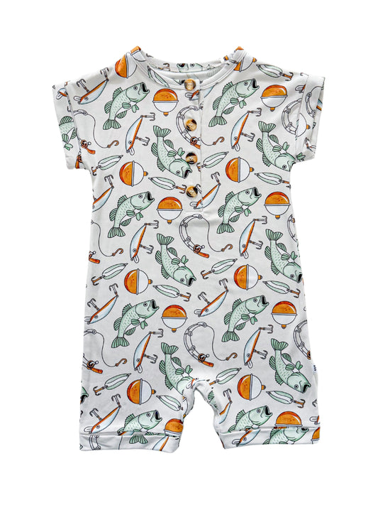 Fish bamboo short romper for baby boy. Bamboo Daywear.