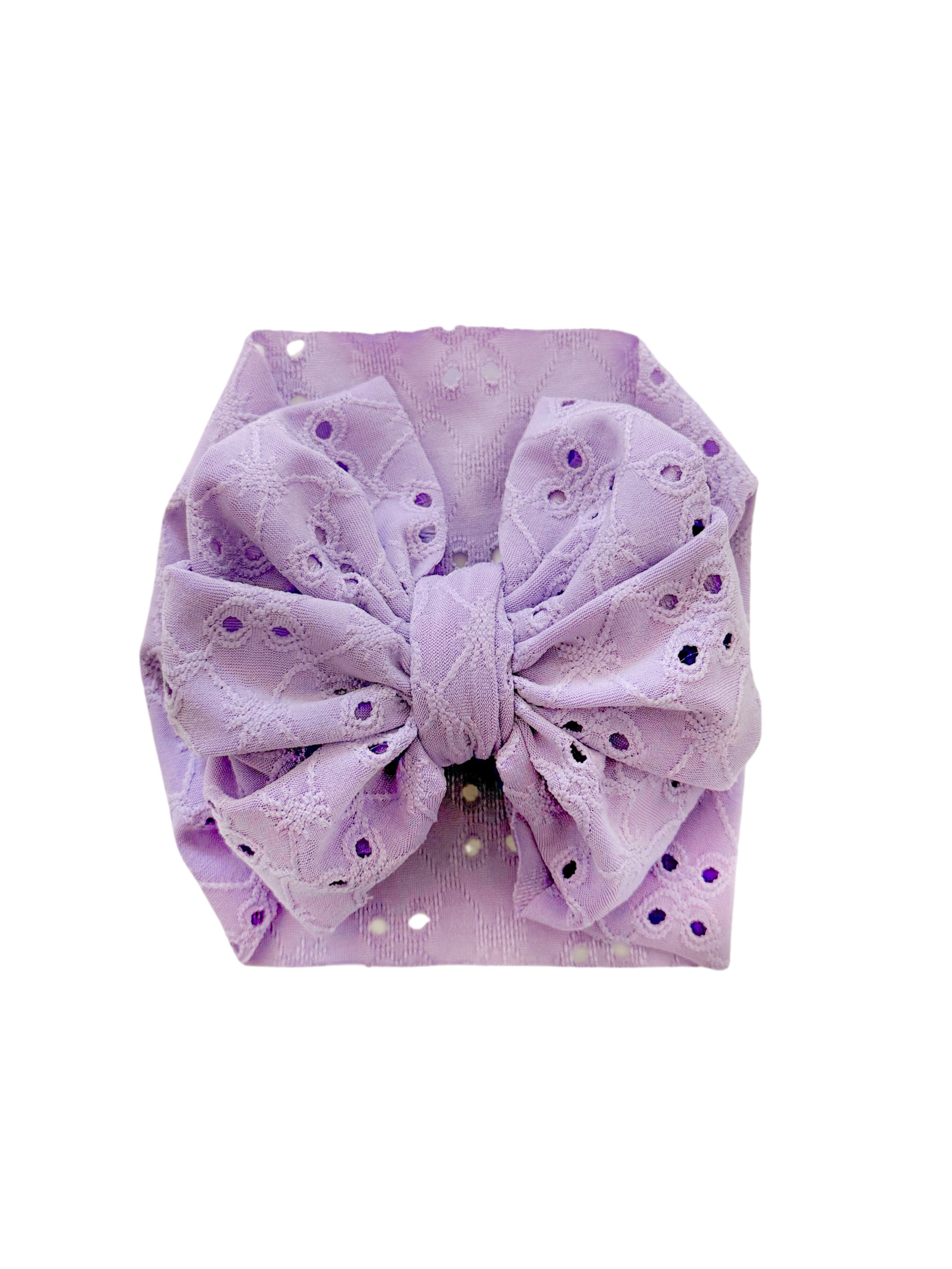Eyelet lavender Baby Headwrap bow. Made for newborns and toddlers.