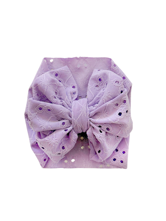 Eyelet lavender Baby Headwrap bow. Made for newborns and toddlers.