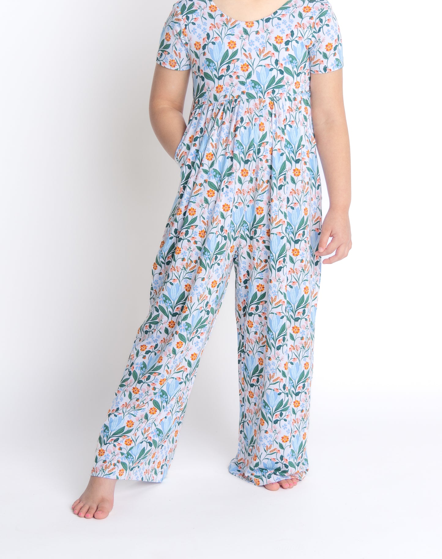 Shop our bamboo wide leg jumper for toddlers and kids in a soft blue and pink spring floral print. Eco-friendly and breathable for all-day comfort.