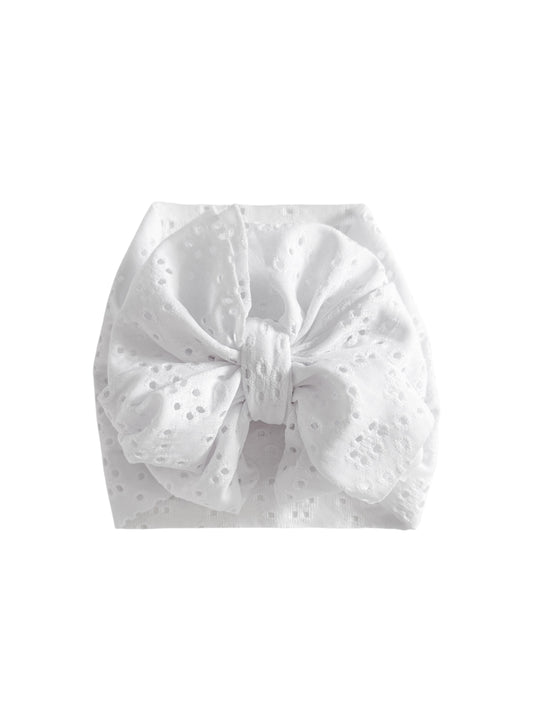 White eyelet headwrap bow for baby girl