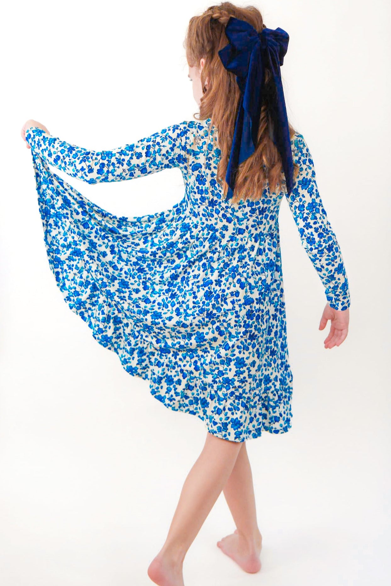 Bamboo blue floral twirl dress for kids and toddlers.
