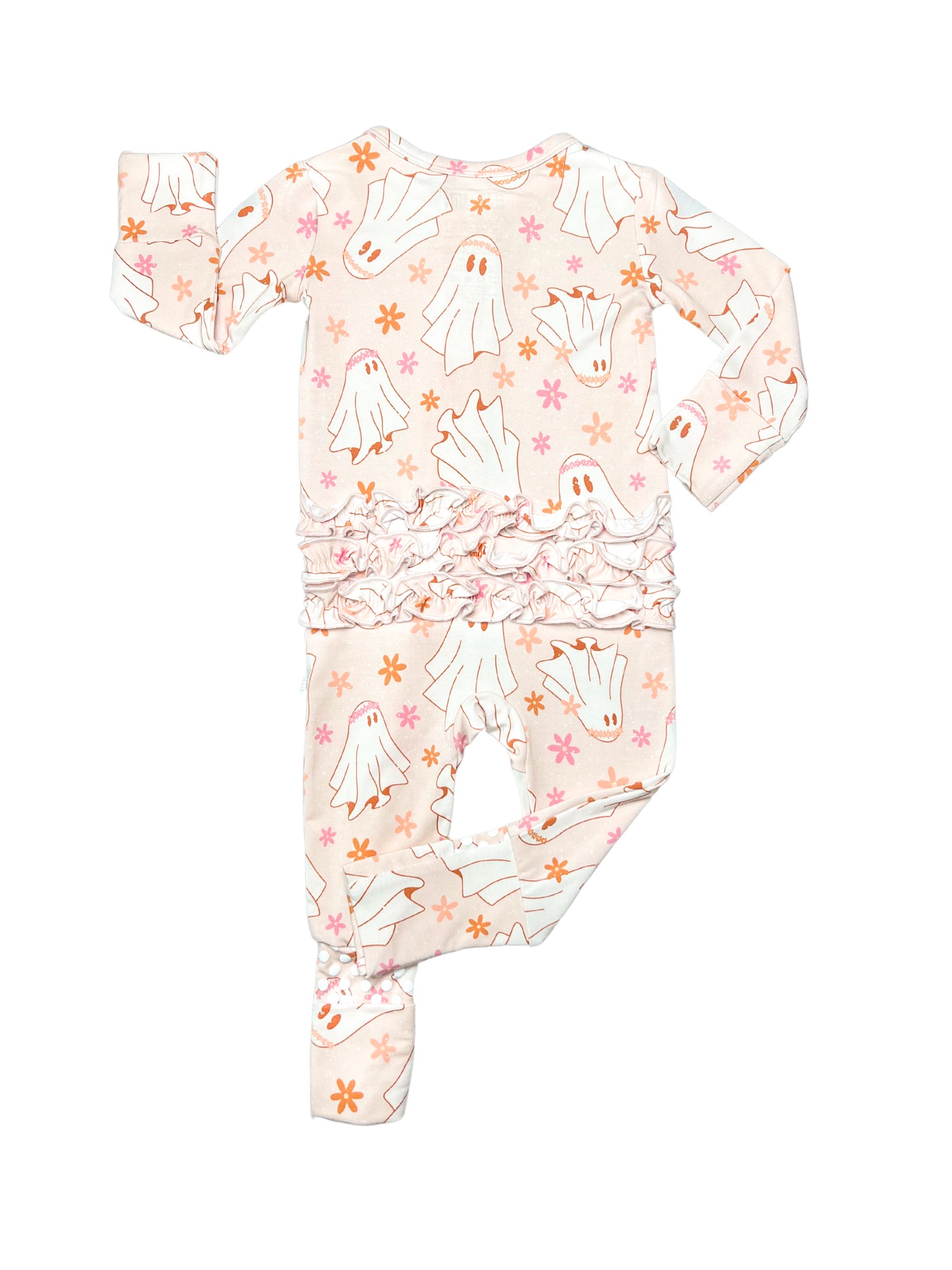 Ghost girl Halloween bamboo viscose baby footie featuring a ruffle.