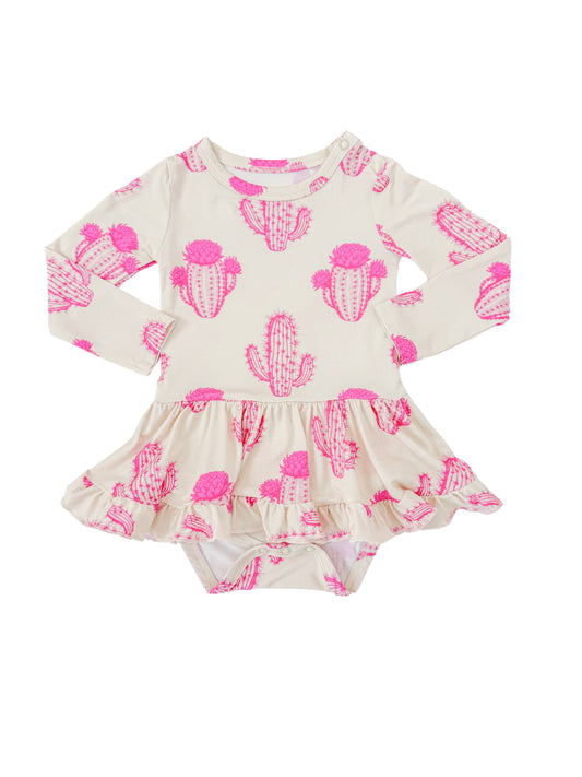 Cowgirl bamboo skirted bodysuit baby dress with pink cactus.