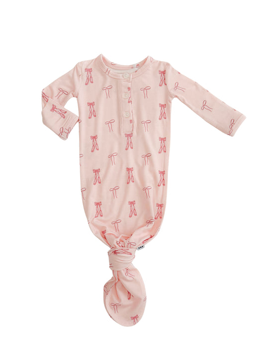 newborn bamboo knotted gown with bows and ballet slipper detail.