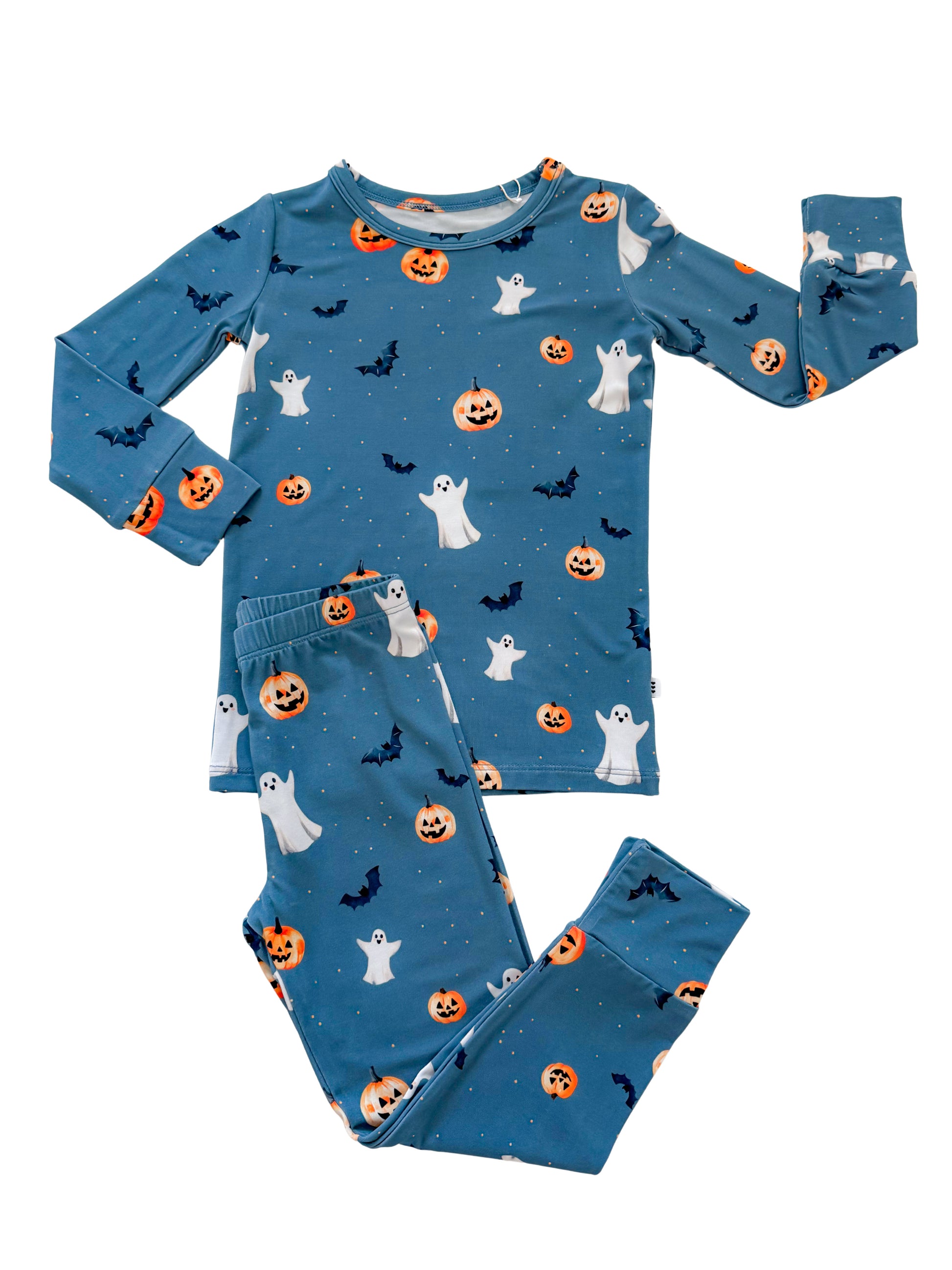 Halloween Bamboo Pajamas for toddlers and kids featuring ghosts, pumpkins, and bats.
