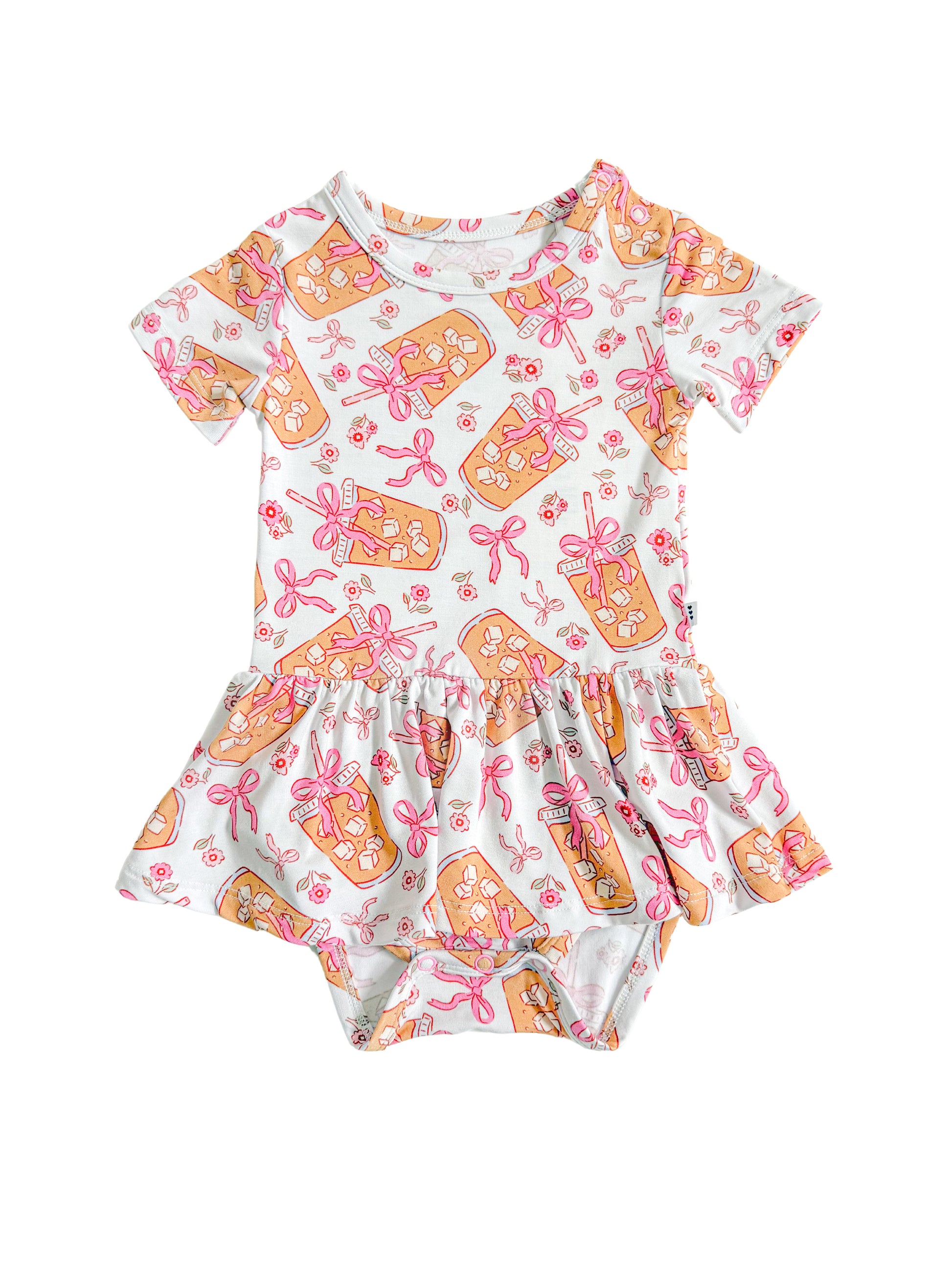 Bows and coffee bamboo twirl dress, baby skirted bodysuit.