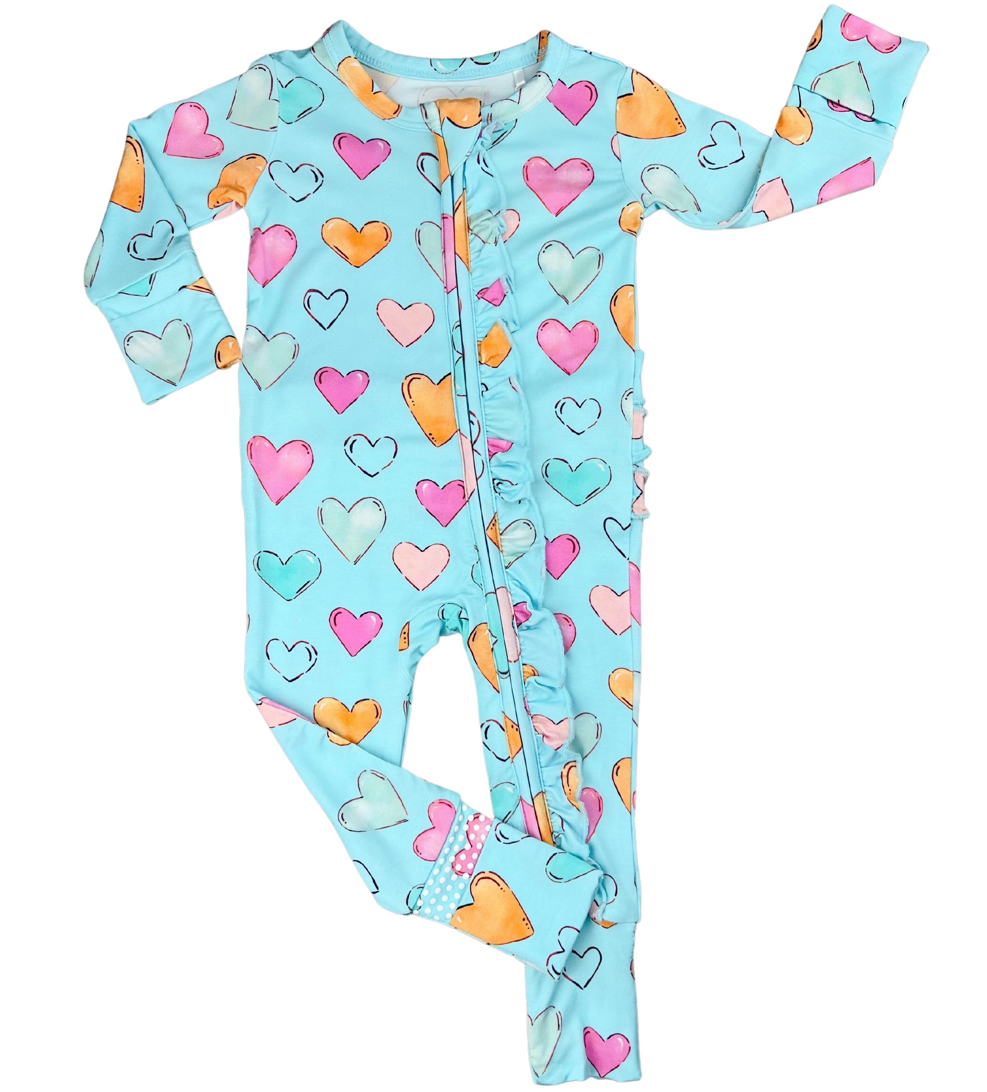 Valentine's Day Bamboo Pajamas for baby girl. Hearts Convertible Romper. Footie