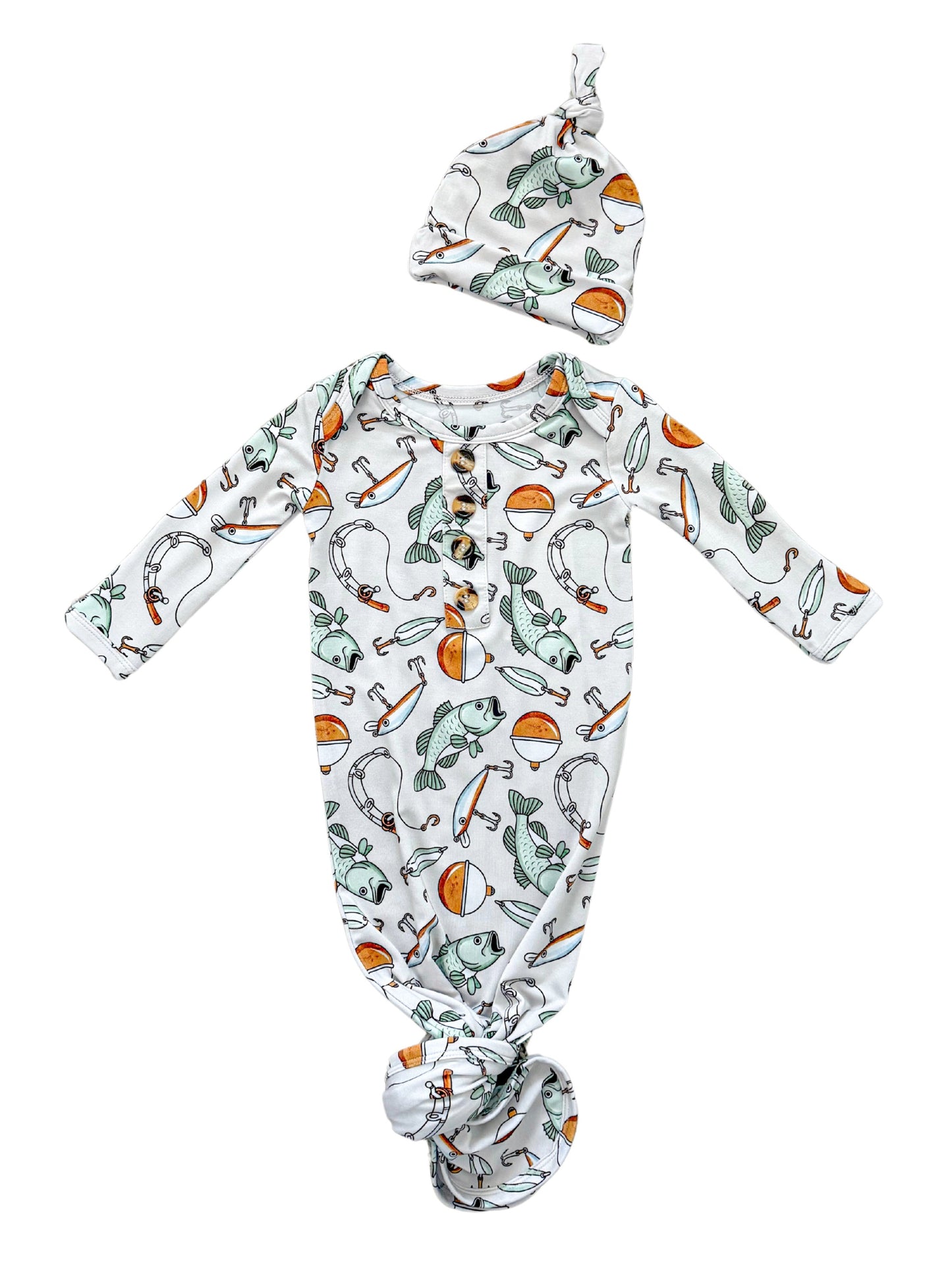 baby boy fish bamboo knotted gown and hat set.