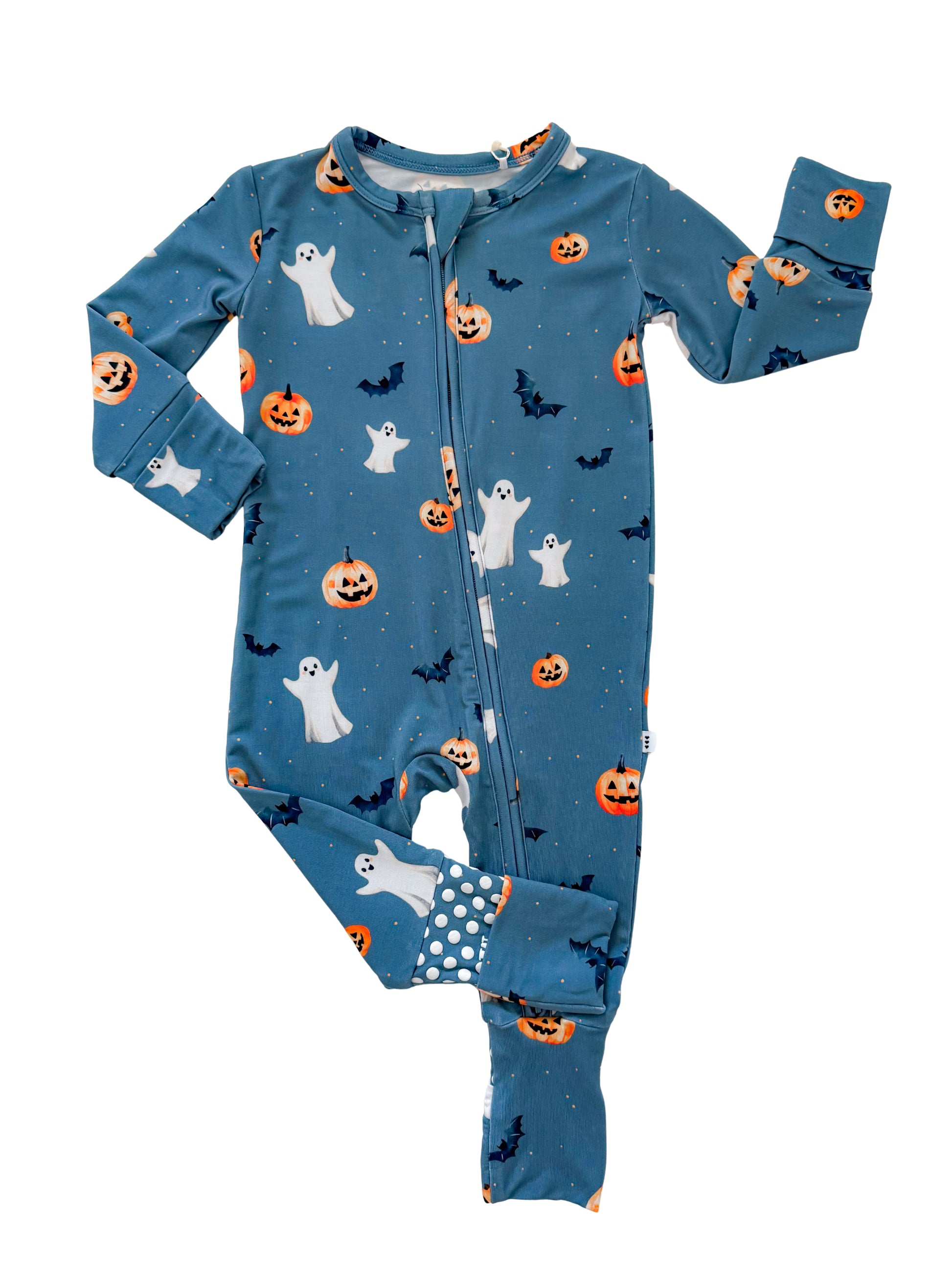 Baby Halloween Bamboo Sleeper featuring pumpkins, ghosts, and bats.
