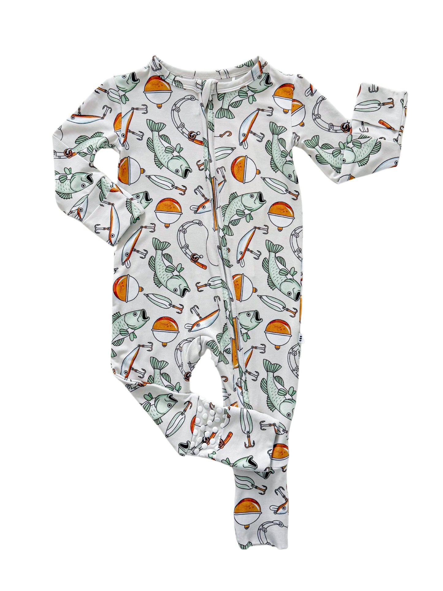 Fish bamboo convertible baby sleeper. Convertible zip romper.