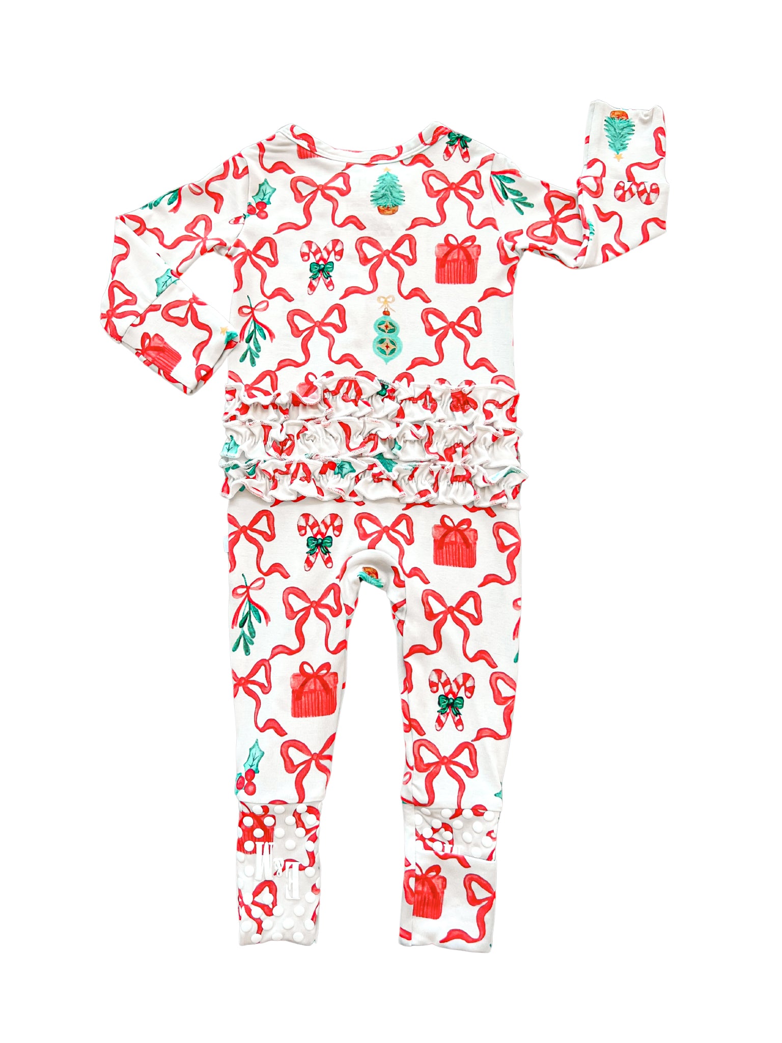 Cozy bamboo convertible footie with fun ruffle details and a festive Christmas print of bows and candy canes.