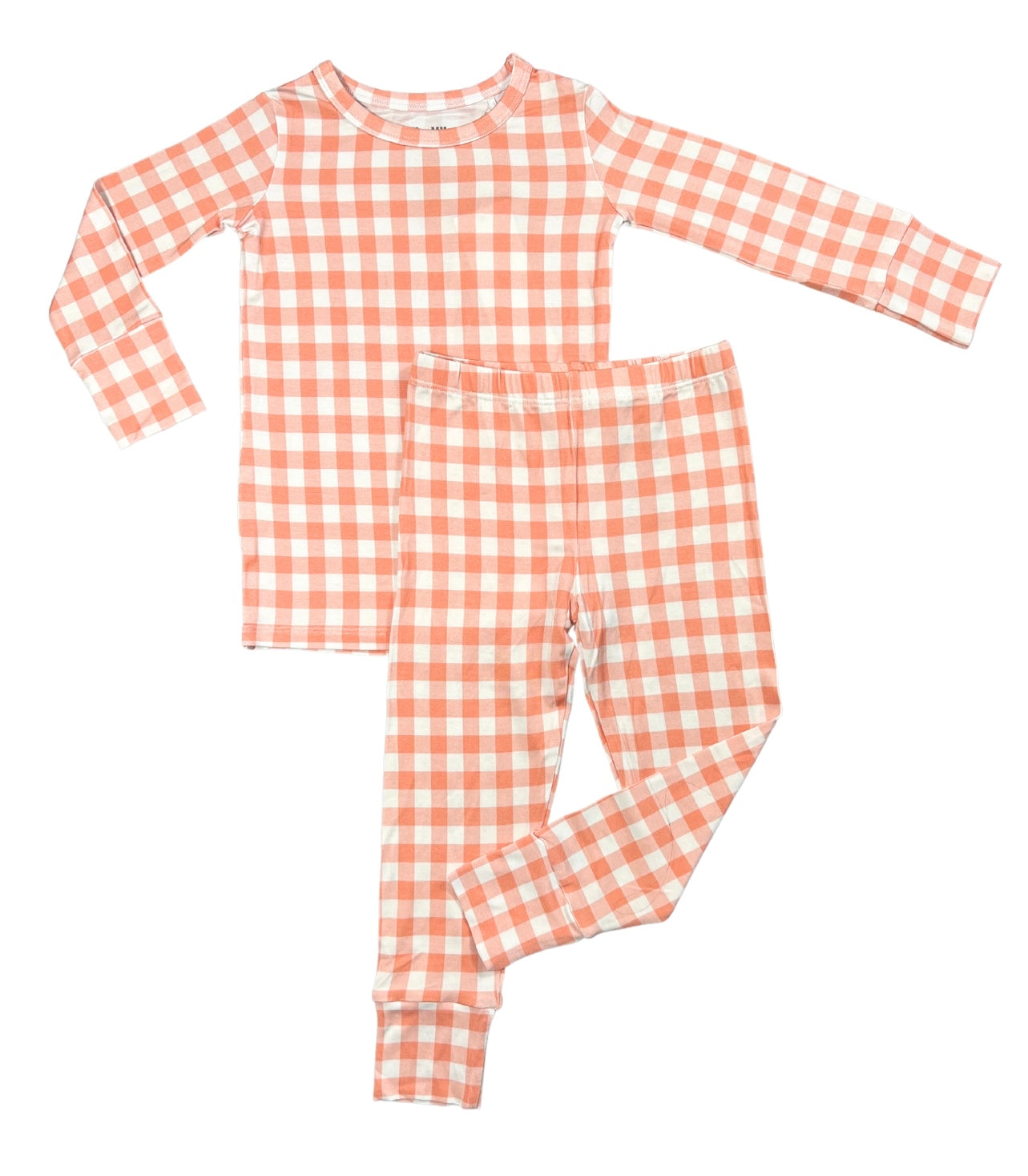 Peach gingham kids bamboo pajamas for toddler and kids.