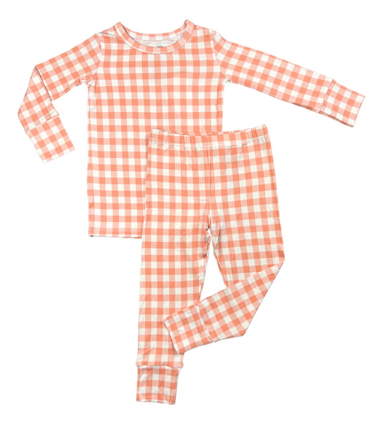Peach gingham kids bamboo pajamas for toddler and kids.