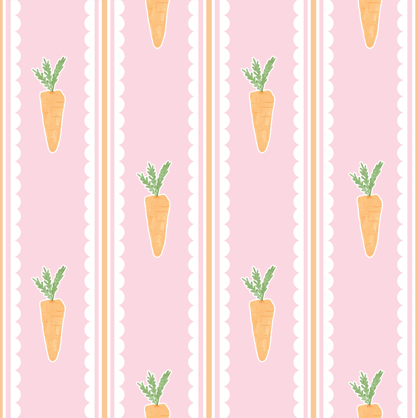 Pattern of carrots with green tops on a pink background with white stripes.