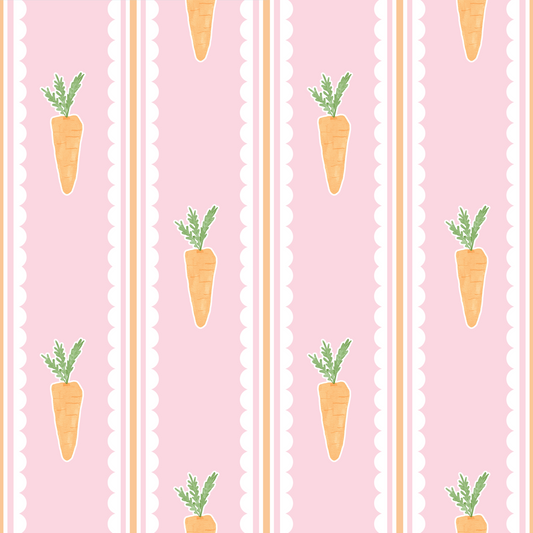 Pattern of carrots with green tops on a pink background with white stripes.