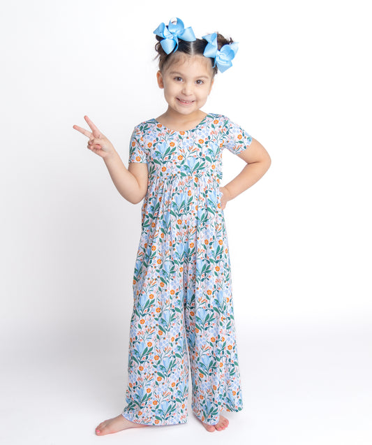 Shop our bamboo wide leg jumper for toddlers and kids in a spring floral print with soft blue and pink flowers. Crafted from eco-friendly, breathable bamboo fabric for comfort and style all day long.