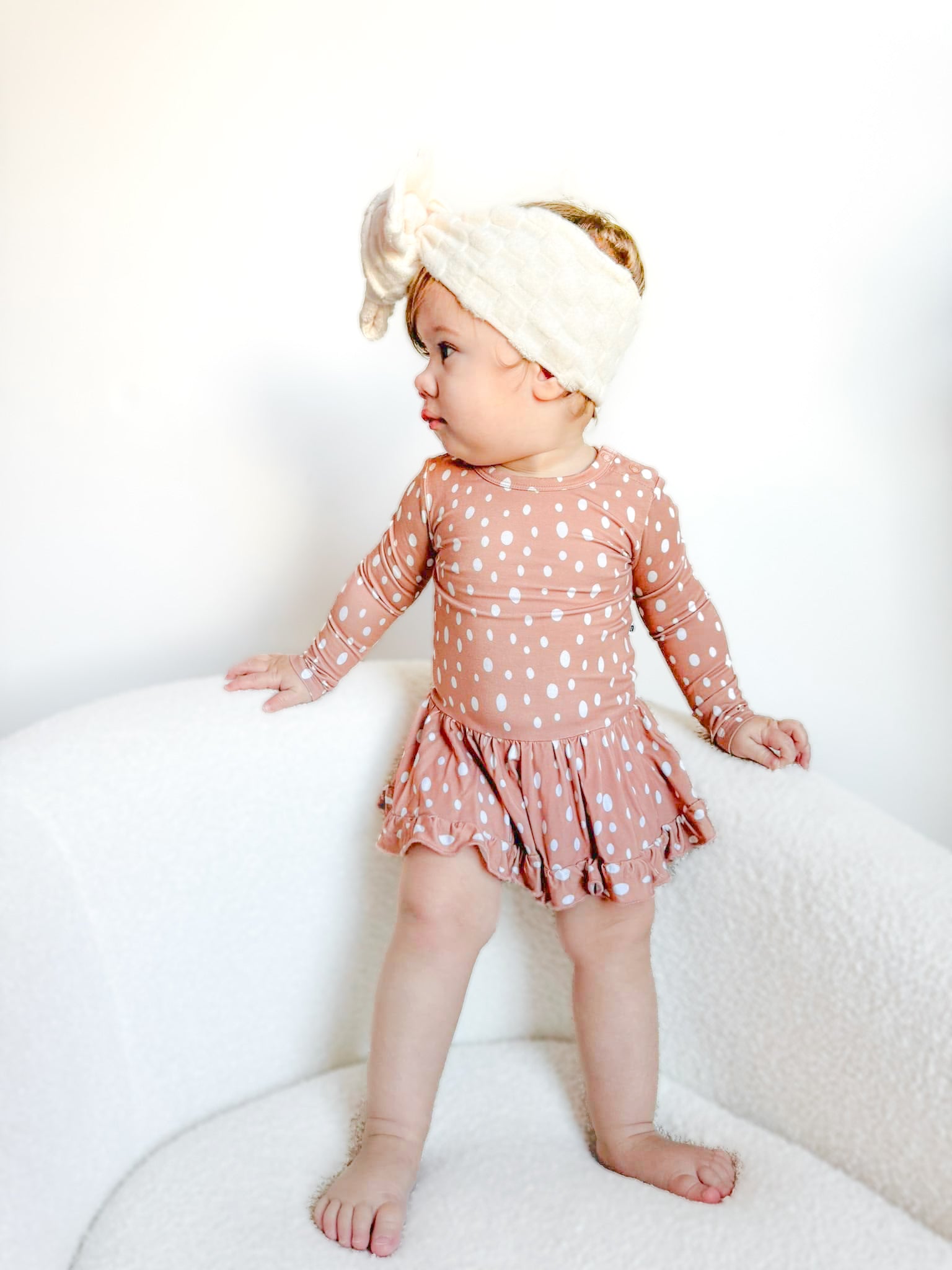 Deer, fawn spots skirted bodysuit made of bamboo for baby.