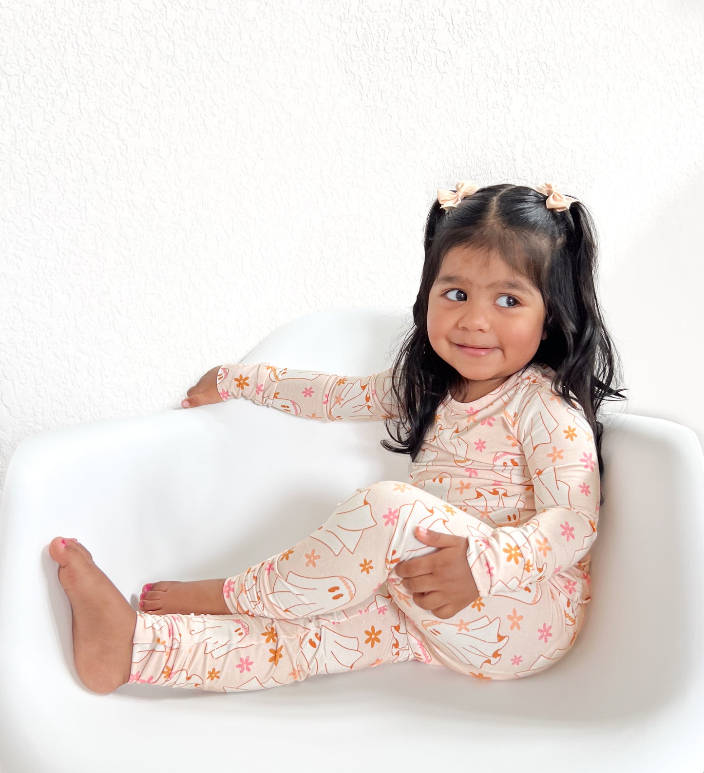 Adorable soft bamboo Halloween pajamas, featuring a festive ghost print, perfect for cozy and spooky bedtime. Made from the softest bamboo viscose.