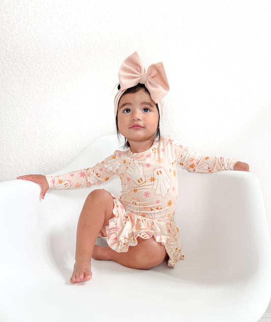 Ghost Halloween Bamboo skited bodysuit for baby girl and toddler. Made from the softest bamboo viscose.