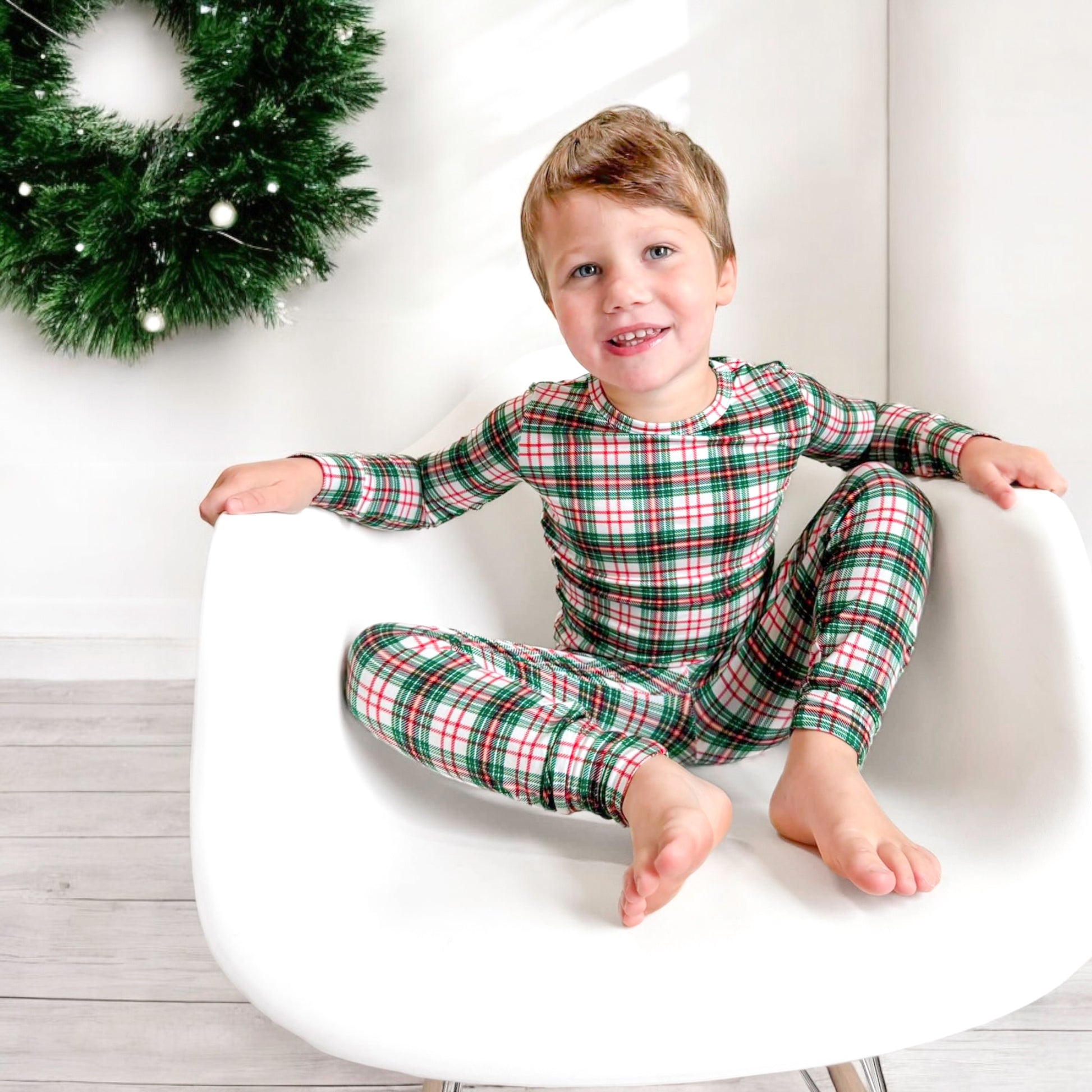 Christmas Plaid bamboo pajama set, gender neutral for toddlers and kids. Made from bamboo viscose for comfort and durability!