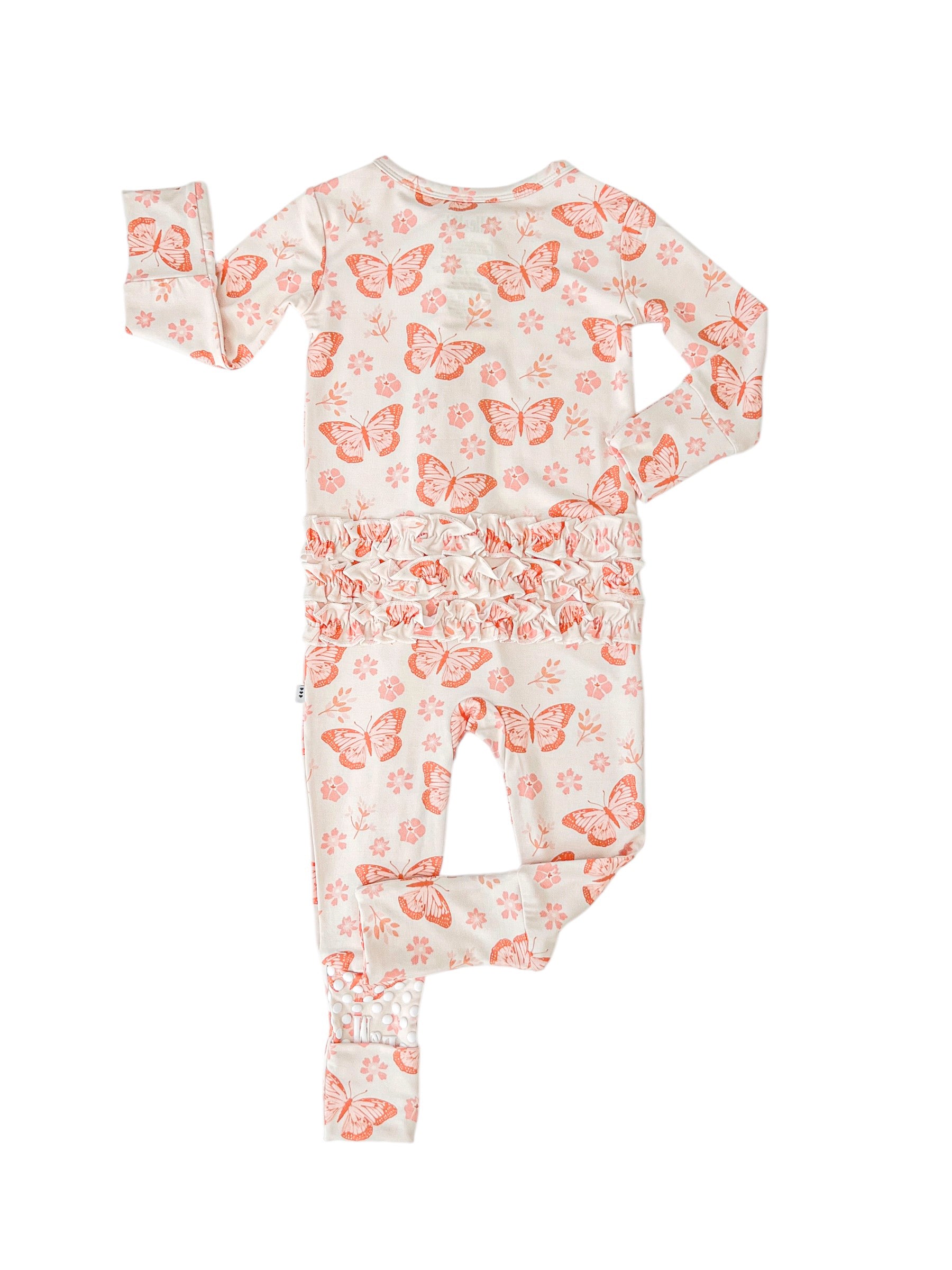 Ruffle detail on bamboo convertible footie.