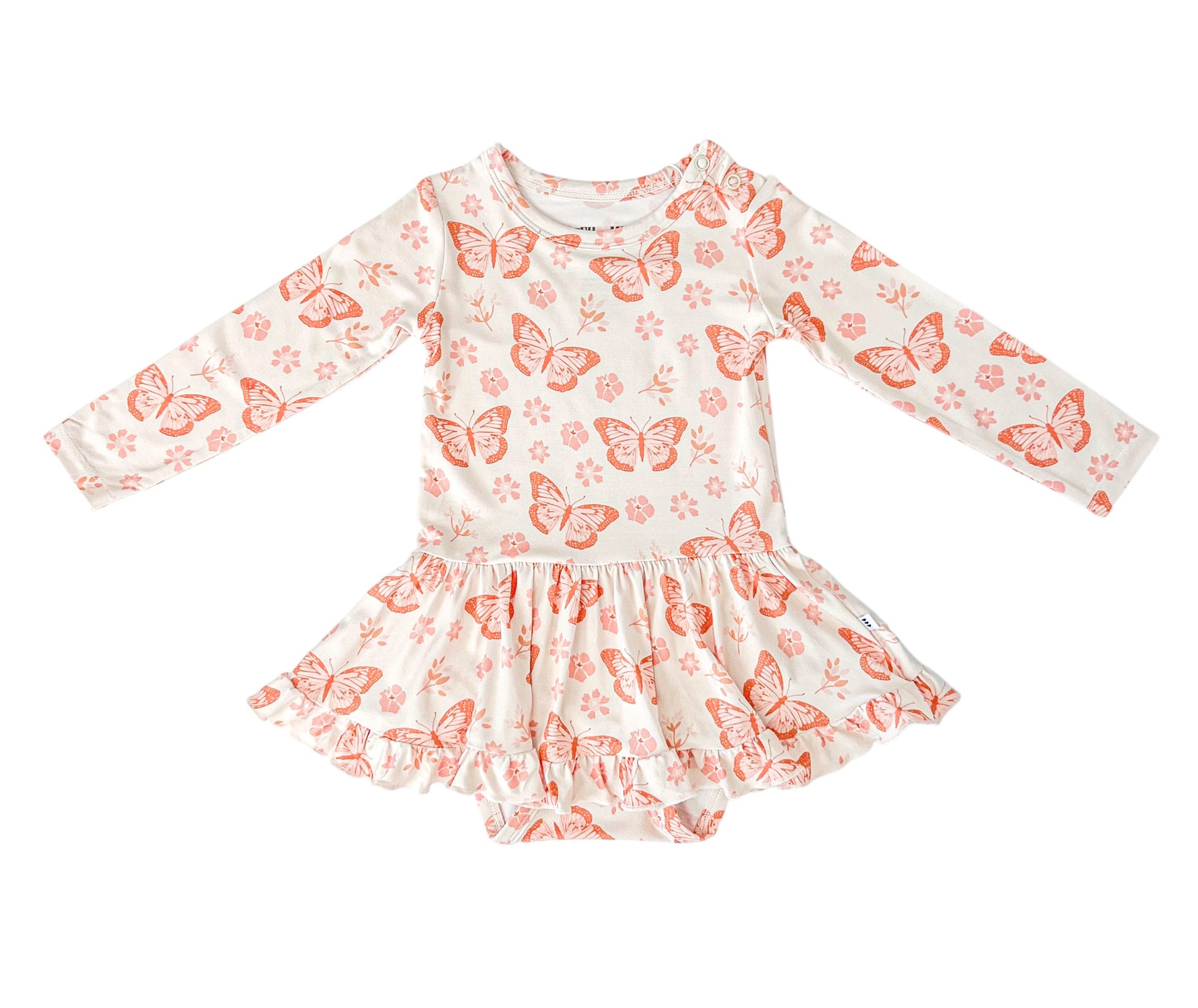 Check out our baby bamboo twirl dress with butterfly and floral detail. Dainty bamboo for your babe.