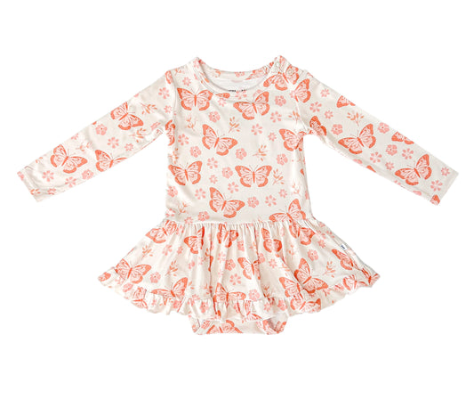 Check out our baby bamboo twirl dress with butterfly and floral detail. Dainty bamboo for your babe.