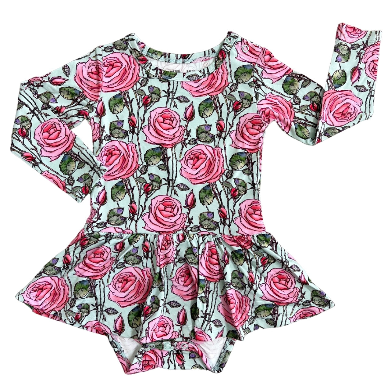 Pink rose bamboo baby skirted bodysuit dress.