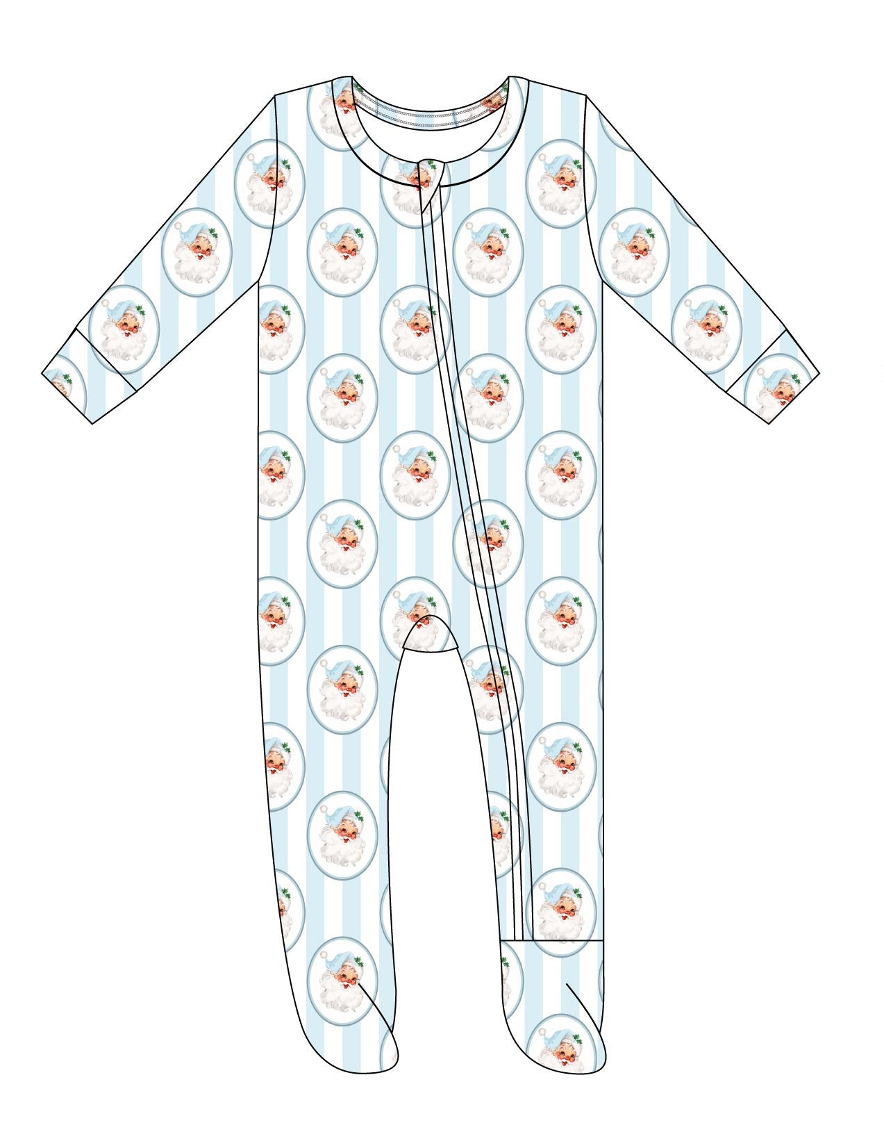 Vintage santa print on blue stripes bamboo footie