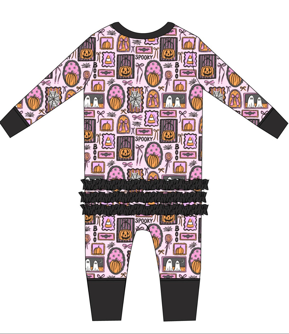 pajama sets with a Halloween-themed pattern on a white background