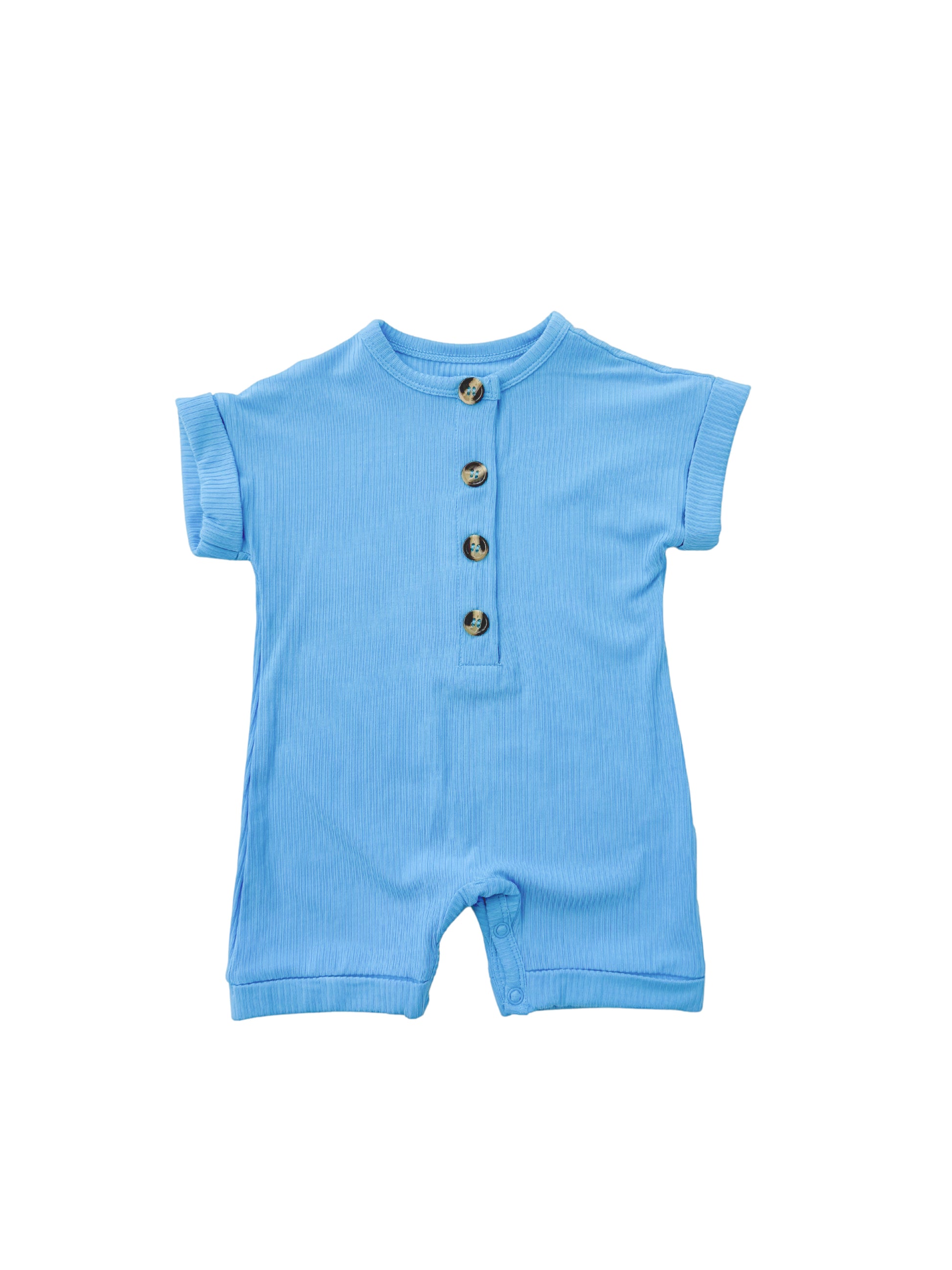 Blue ribbed bamboo short romper with button detail for newborns, perfect for spring and summer. Soft, breathable, and eco-friendly fabric for ultimate comfort. Shop now!