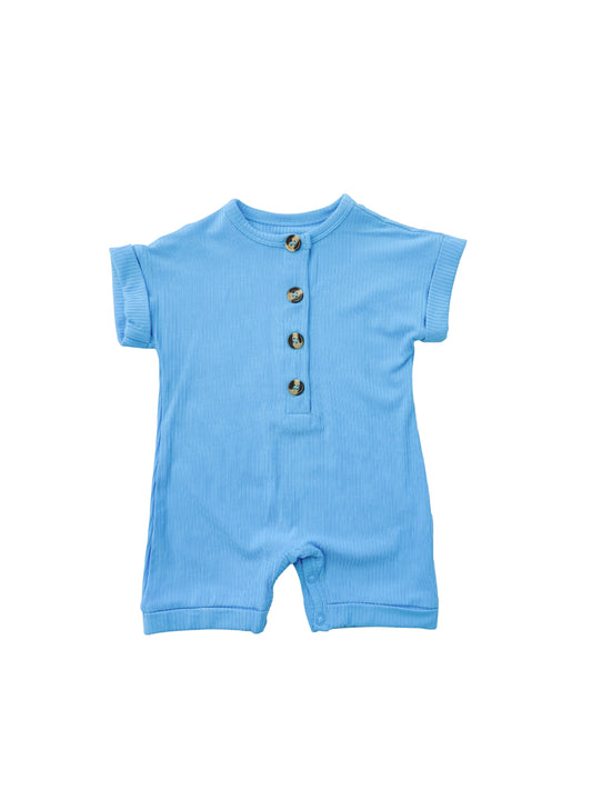 Blue ribbed bamboo short romper with button detail for newborns, perfect for spring and summer. Soft, breathable, and eco-friendly fabric for ultimate comfort. Shop now!