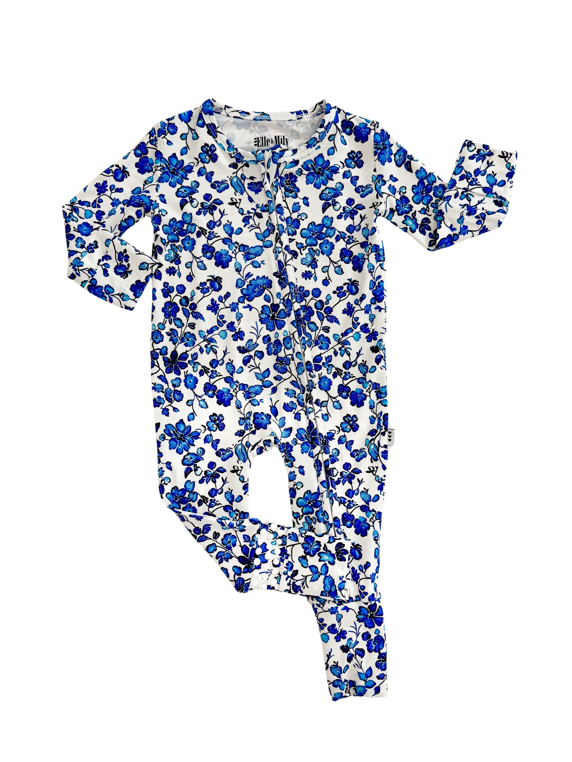 Blue floral bamboo convertible romper for baby