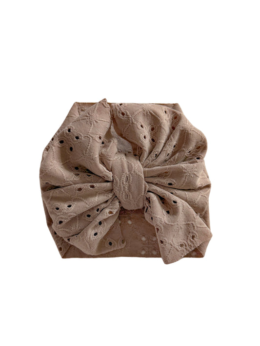Taupe eyelet headwrap bow for baby girl