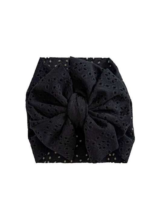 Black eyelet headwrap bow for baby girl