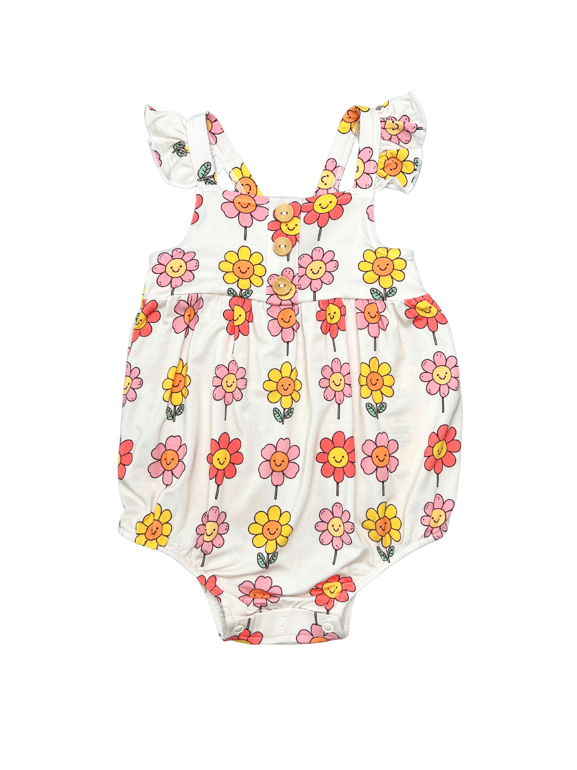 Cute bamboo romper with a smiling daisy print, perfect for girly girls, with matching bamboo daywear and pajamas available.