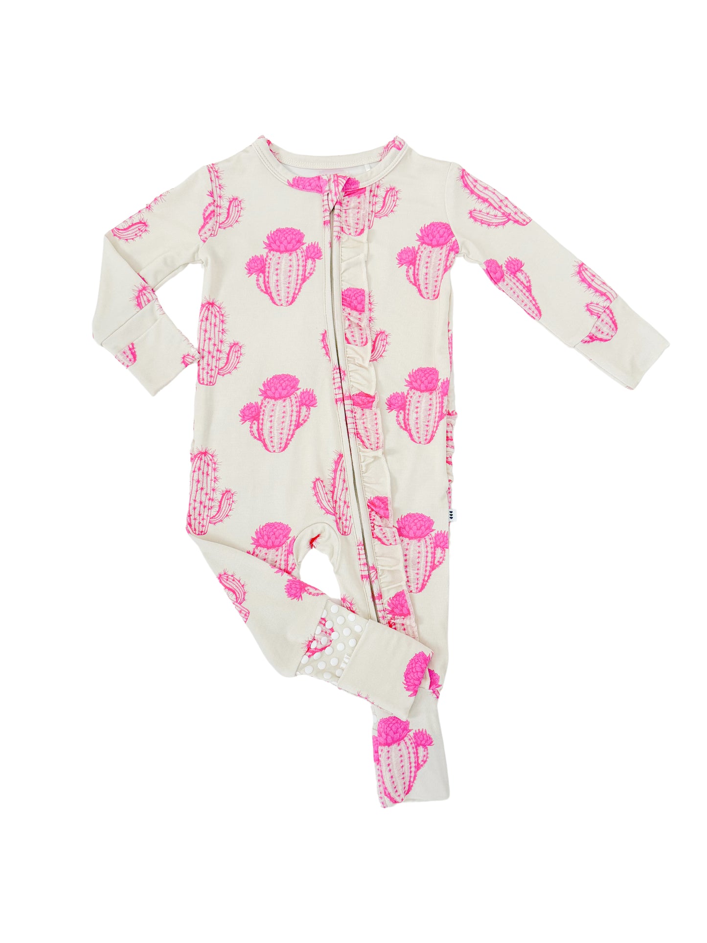 Baby bamboo pajama romper with pink cactus print.