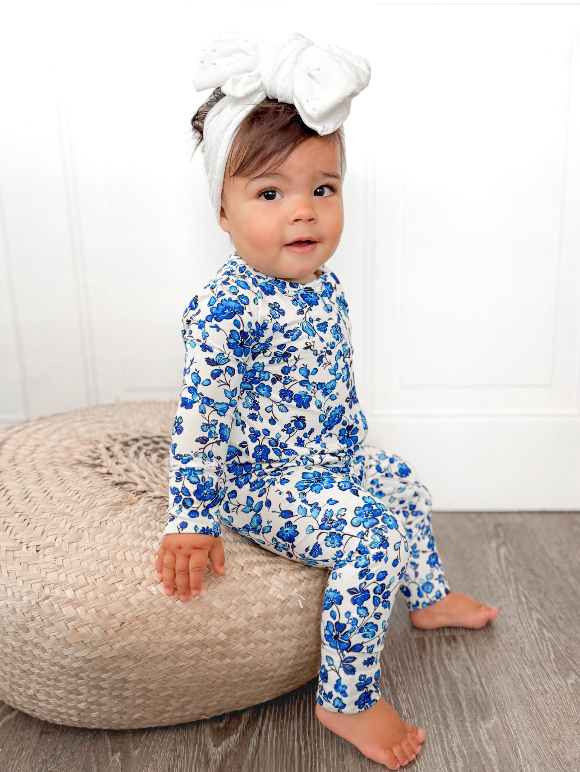 Bamboo Dainty Blue Vintage Floral Ruffle Zip Romper | Baby Footie