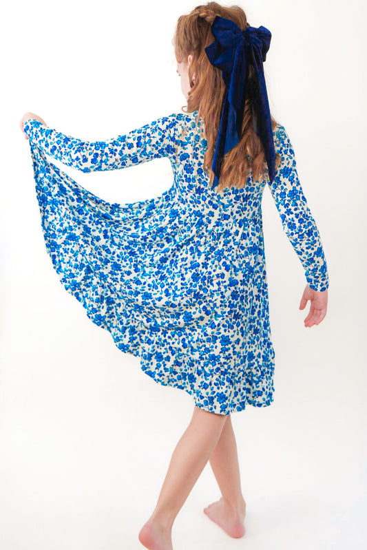 Bamboo blue floral twirl dress for kids and toddlers. 