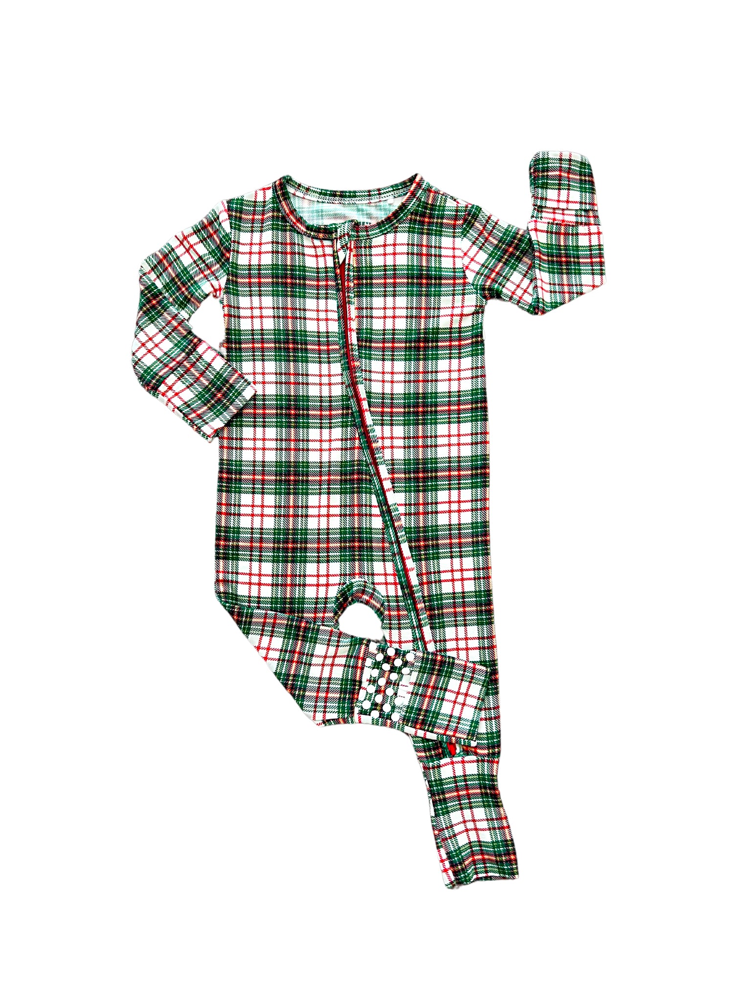 Classic Christmas plaid print bamboo convertible zip romper, perfect for keeping your baby cozy during the holiday season.