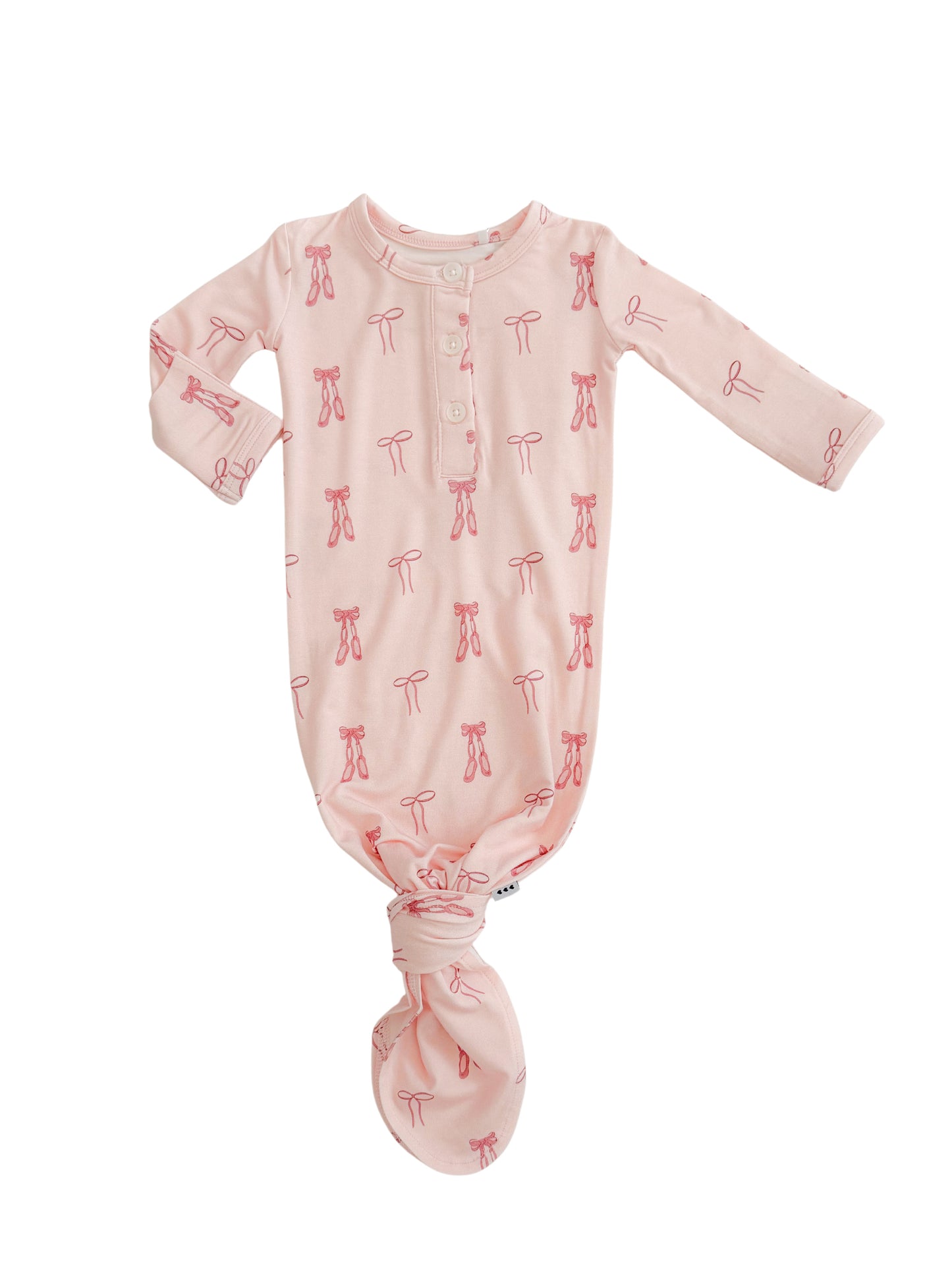 newborn bamboo knotted gown with bows and ballet slipper detail. 