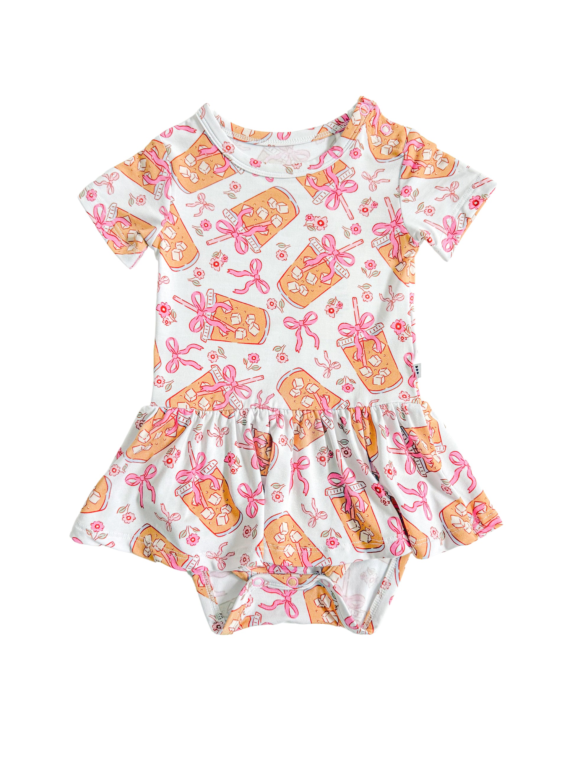 Bows and coffee bamboo twirl dress, baby skirted bodysuit. 