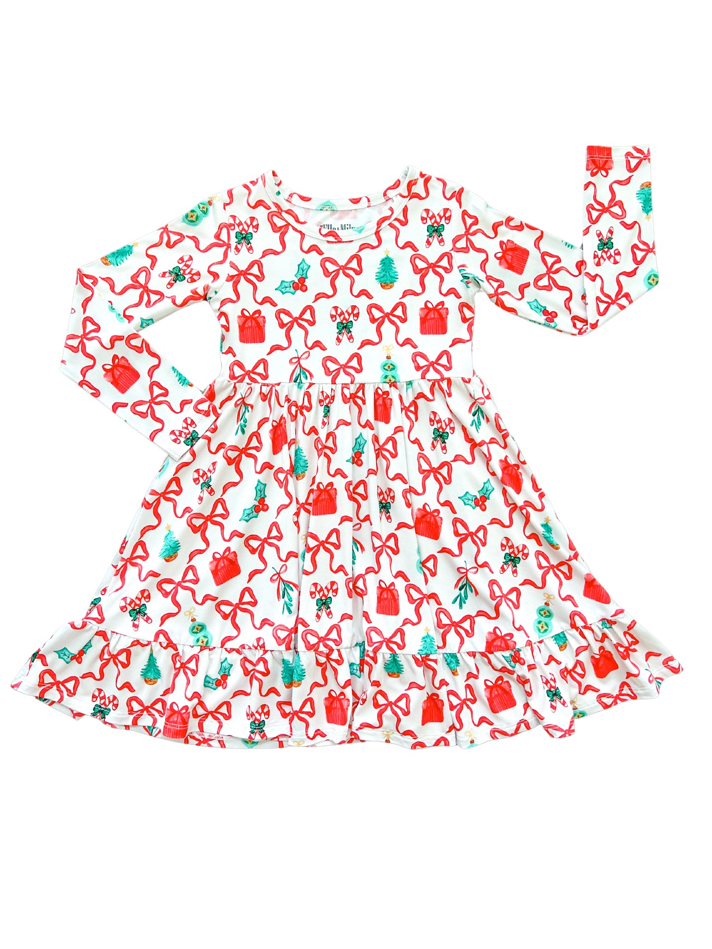 Bamboo twirl dress for toddlers and kids featuring a festive Christmas print of bows and candy canes, perfect for holiday fun.