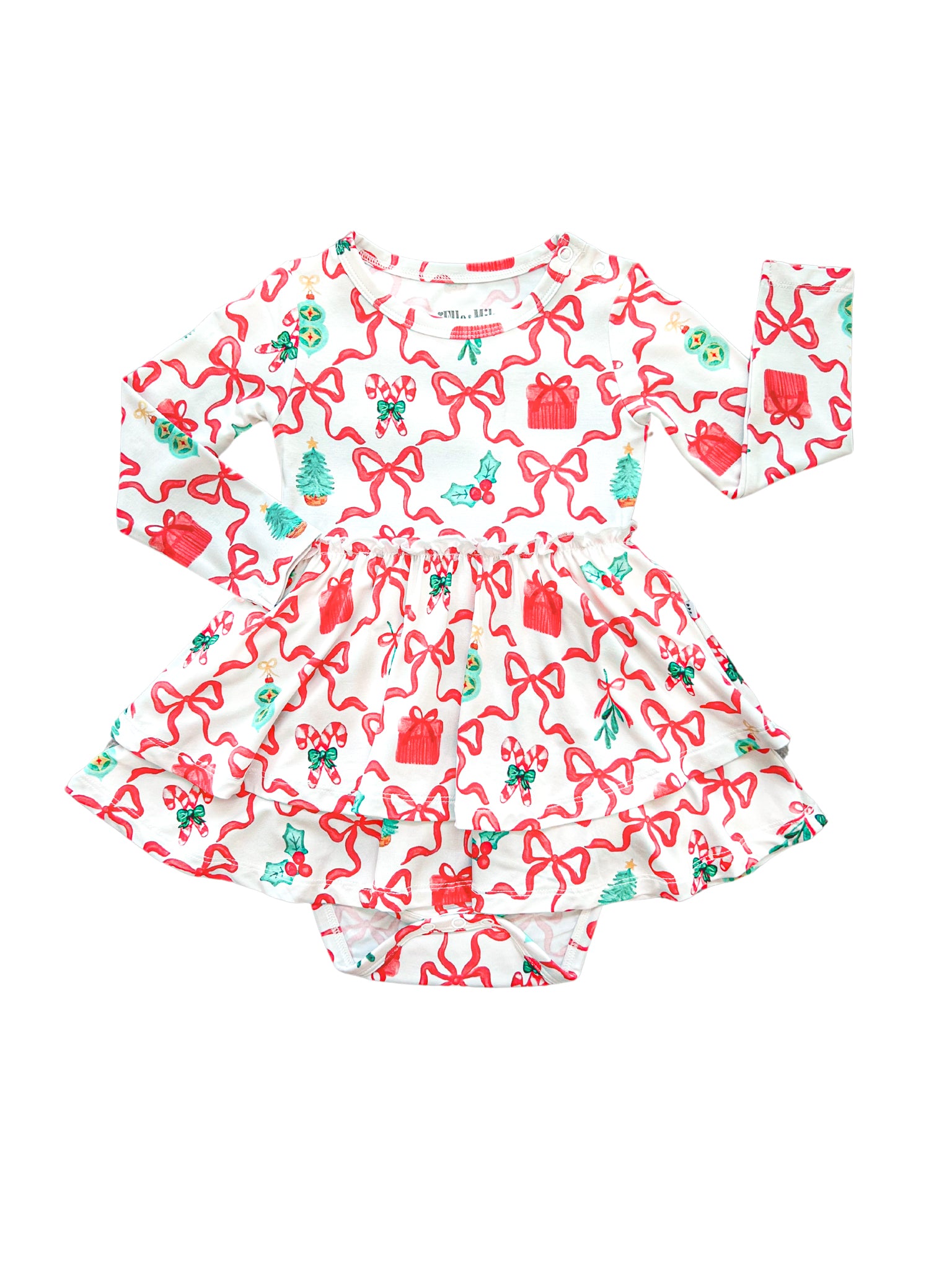 Adorable bamboo skirted bodysuit dress with a festive Christmas print of bows and candy canes, perfect for your little one this holiday season.