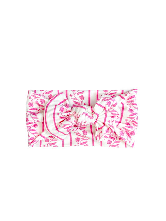 Pink floral bamboo newborn knot bow headband